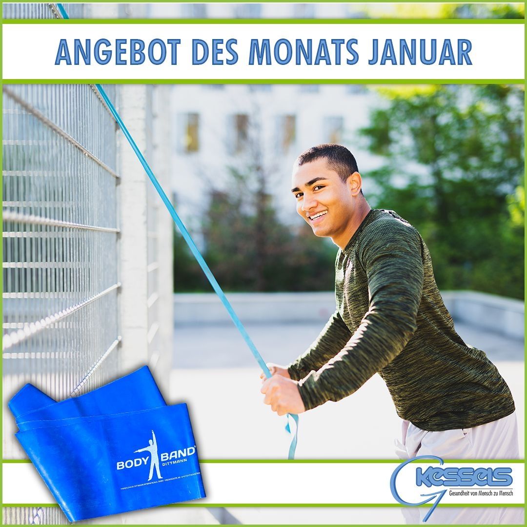 Eine Person demonstriert ein Widerstandstraining mit einem blauen Band und wirbt für das Januar-Angebot von Kessels für Fitness und Gesundheit.