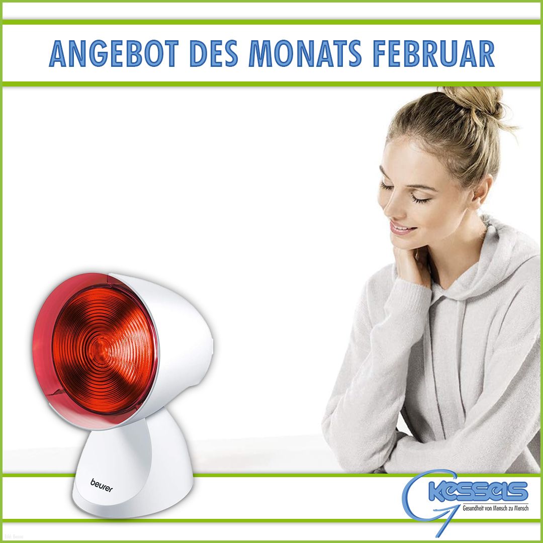 Ein Rotlichttherapiegerät auf weißem Sockel, begleitet von einer Person in einem grauen Kapuzenpullover, die für das Februar-Sonderangebot wirbt.