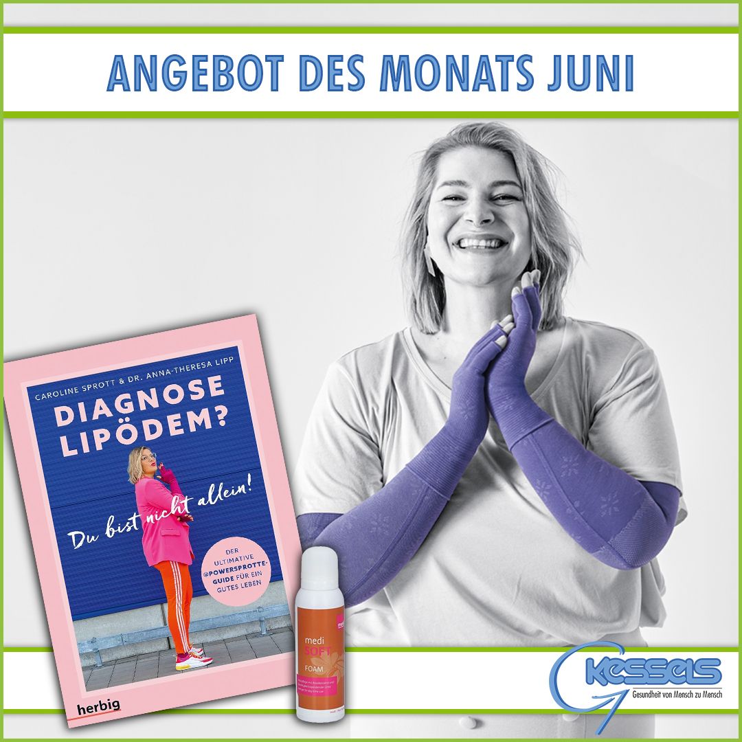 Eine Person mit lila Kompressionsarmstulpen posiert neben einem Buch mit dem Titel Lipödem diagnostizieren? und einer Flasche Schaumbehandlung