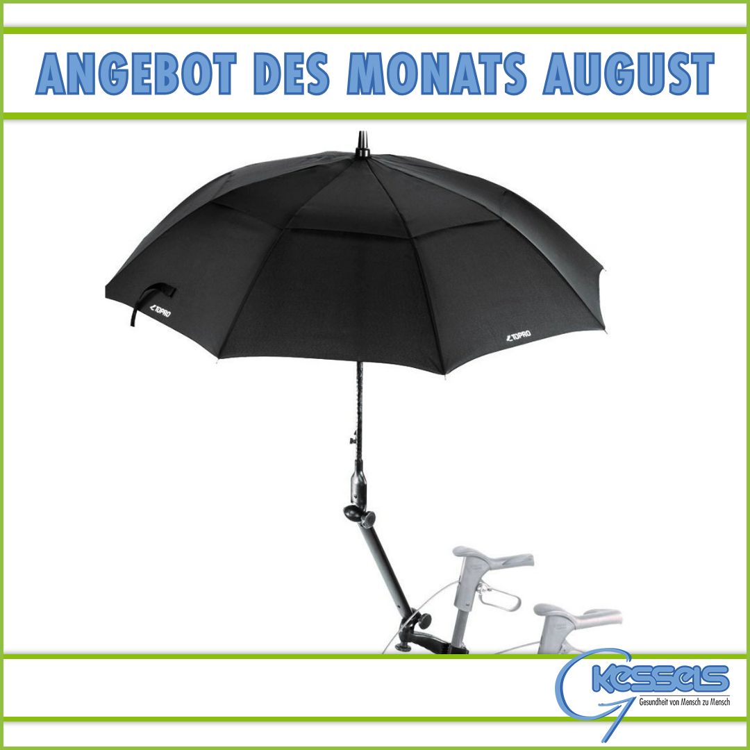 Ein schwarzer Regenschirm auf einem Fahrrad wirbt für das August-Sonderangebot bei Kessels. Der Hintergrund ist hellgrün umrandet.