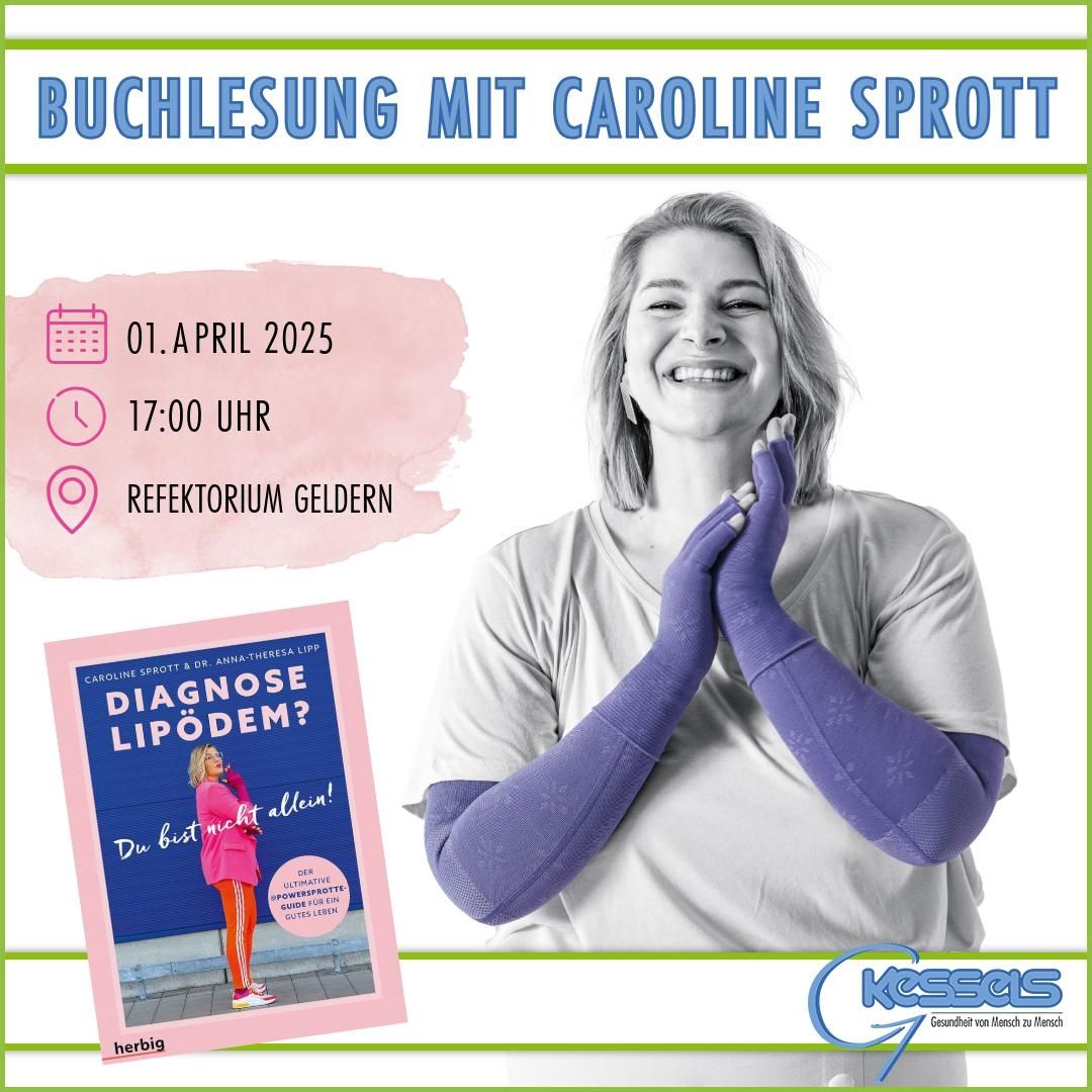 Eine Veranstaltungsankündigung für eine Buchlesung mit Caroline Sprott im Refektorium Geldern am 1. April 2025 enthält ein Buchcover.