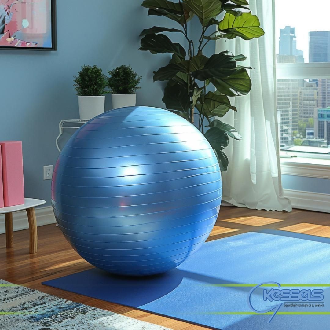 Ein leuchtend blauer Gymnastikball liegt auf einer blauen Yogamatte in einem sonnendurchfluteten Raum mit grünen Pflanzen und farbenfrohen Kunstwerken an den Wänden.